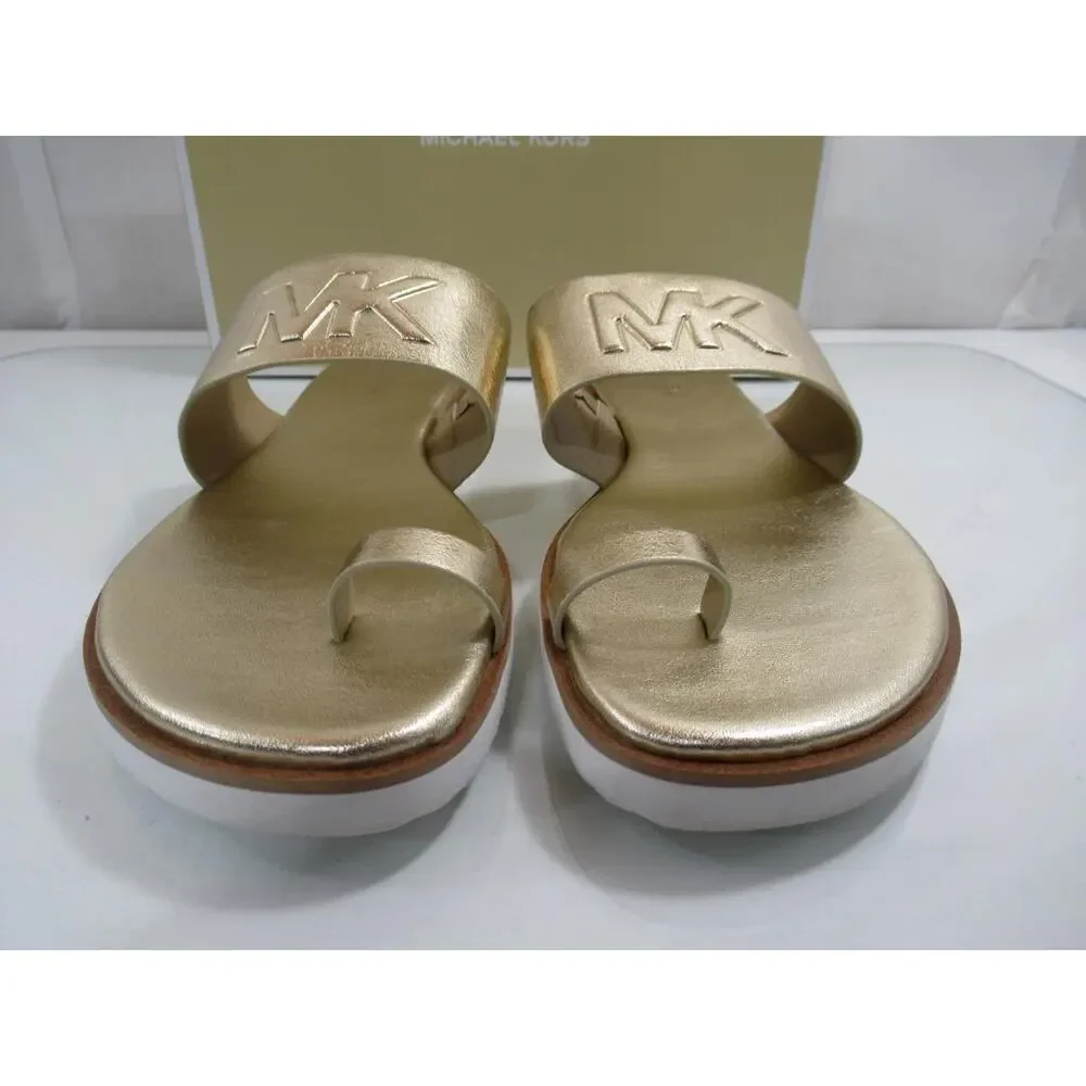 Michael Kors Rosa Metallic Slide Toe Ring Flat Sandal MK Logo Pale Gold Size 8.5